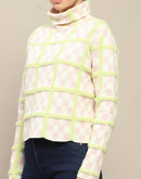 Madame Chequered Full Sleeve Pink Sweater