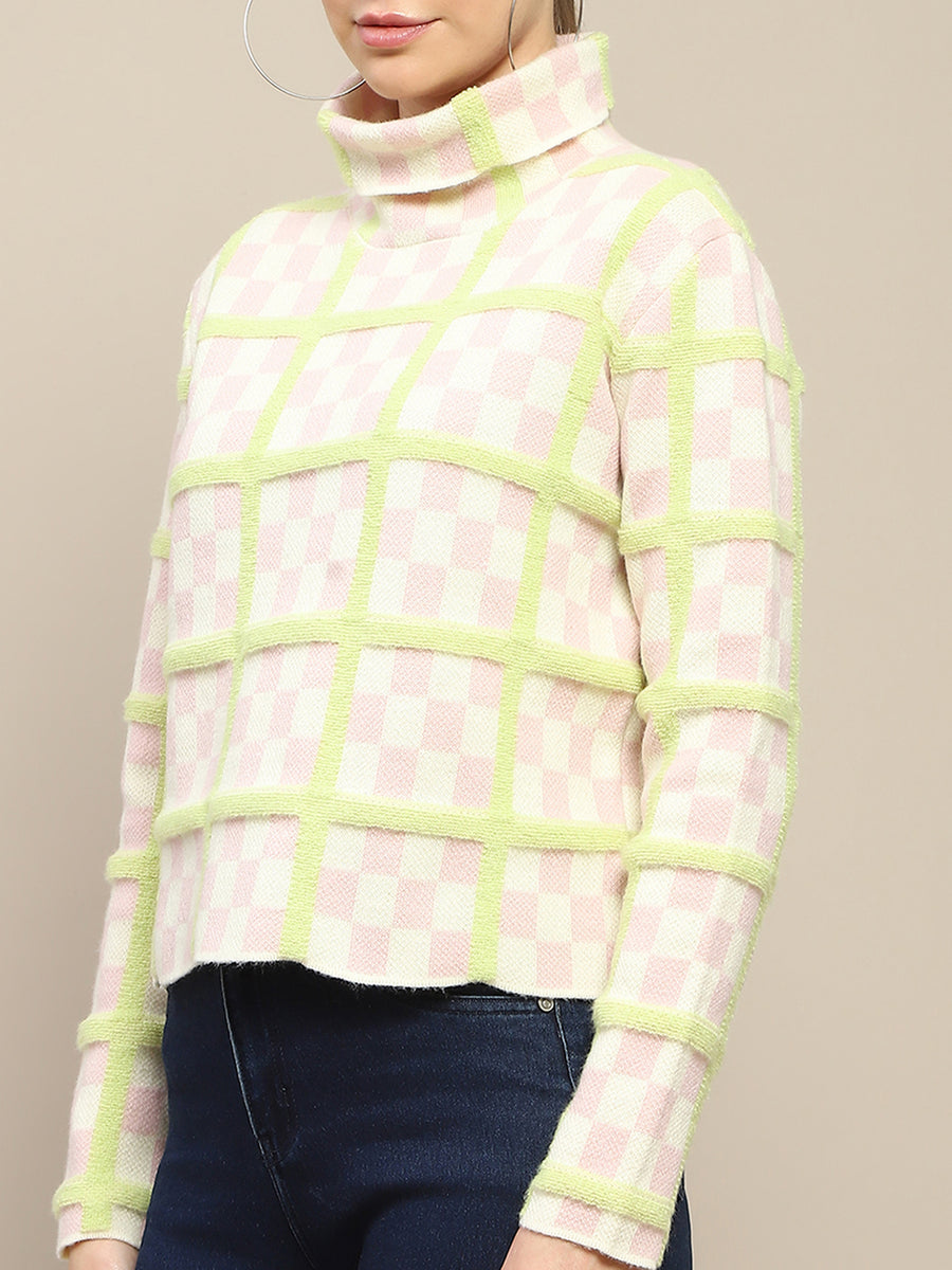 Madame Chequered Full Sleeve Pink Sweater