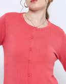 Madame Solid Coral Button Down  Crew Neck Cardigan