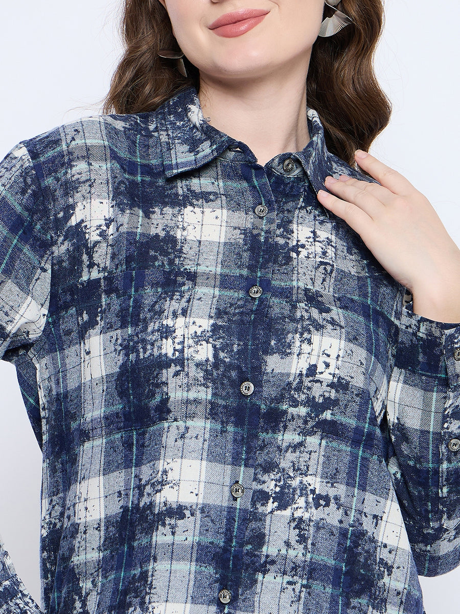 Madame Long Sleeve All Over Printed Shirt Collar Front Button Blue Shirt