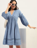 Madame Puff Sleeve Fit And Flare Cotton Blue  Midi Dress