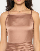 Madame Pleated Satin Light Brown Midi Dress