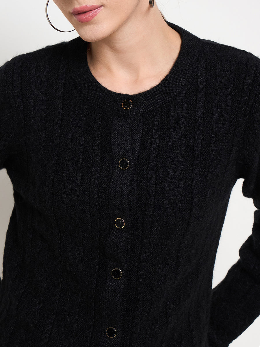 Madame Self Design Crew Neck Black Cardigan