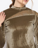 Madame Band Neck Sew Detailed Swarovski Embellished Olive Velvet Top