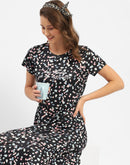 mSECRET Floral Print Round Neck Black Night Dress