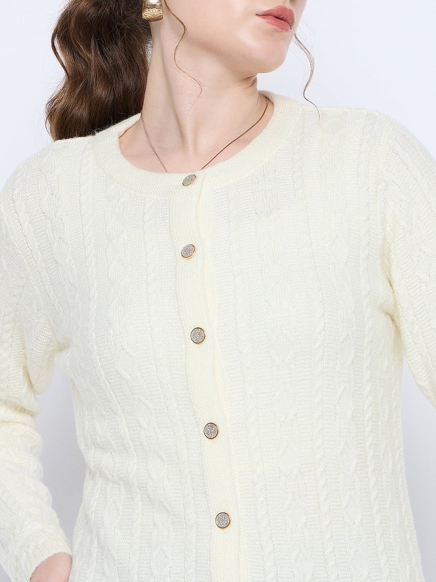 Madame Self Design Crew Neck Off White Cardigan