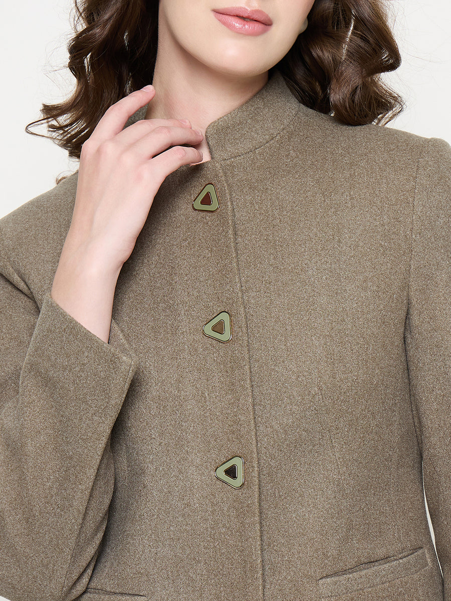 Madame Mélange Button Detailed T Neck Olive Long Coat