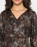 Madame Front Pleated Metallic Rust Floral Print Wrap Dress