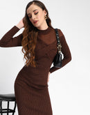 Madame Twisted Detailing Ribbed Bodycon Brown Dress