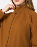 Madame Raglan Sleeve Embroidered Brown Zipped Sweatshirt