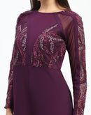 Madame Plum Embellished Mesh Wine Jumpsuit with Long Sleeves