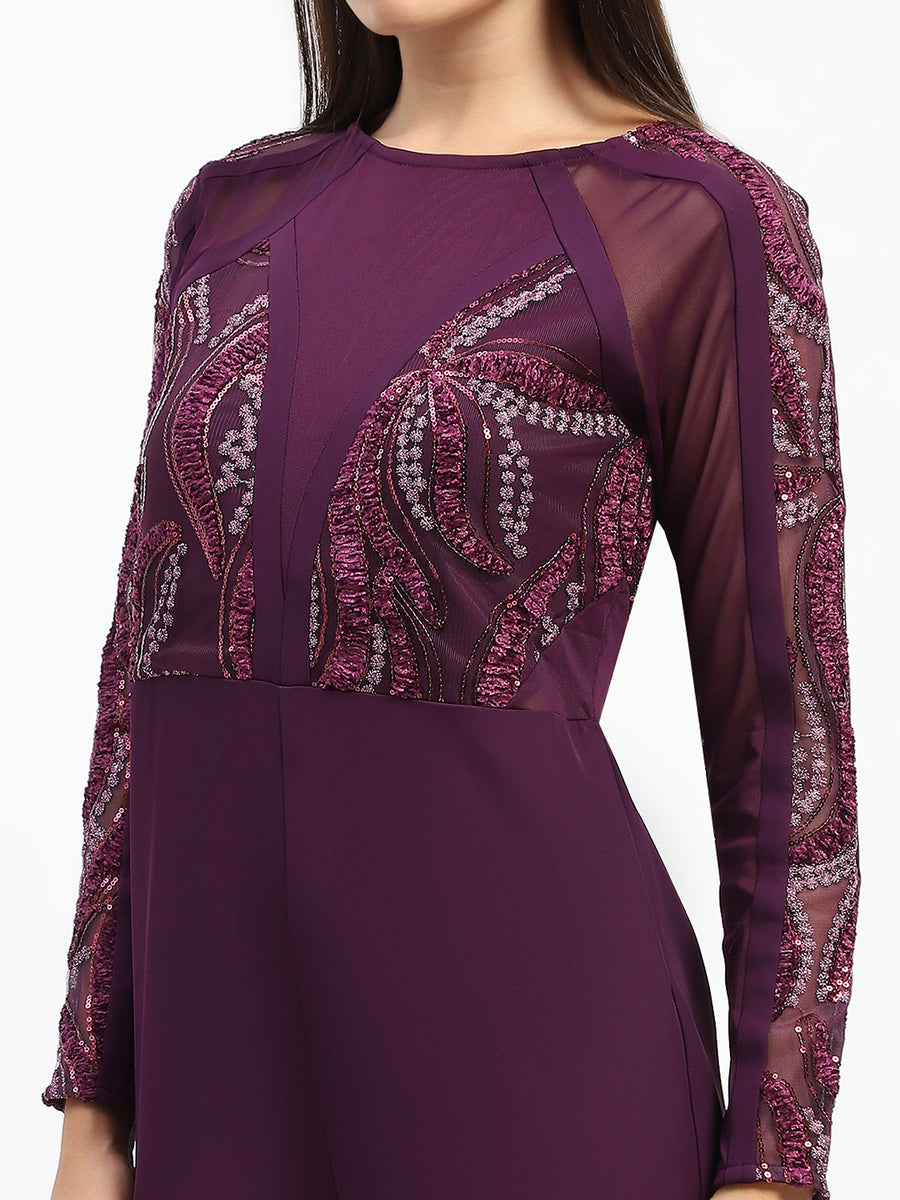 Madame Plum Embellished Mesh Wine Jumpsuit with Long Sleeves