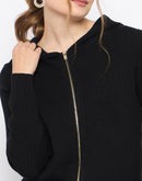 Madame Zip Solid Black Hooded Sweater