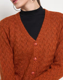 Madame Cable Knit Solid Burnt Orange Buttoned Cardigan