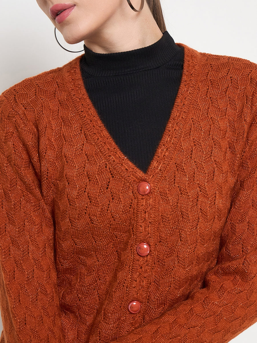 Madame Cable Knit Solid Burnt Orange Buttoned Cardigan