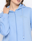 Madame Fleece Placement Printed Zipped Powder Blue Hooded Sweatshirt