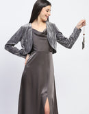 Madame Cowl Neck Solid Grey Satin Maxi Dress