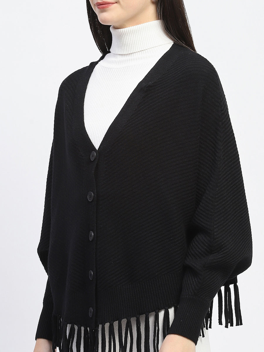 Madame Fringe Detailed Button Down Black Sweater