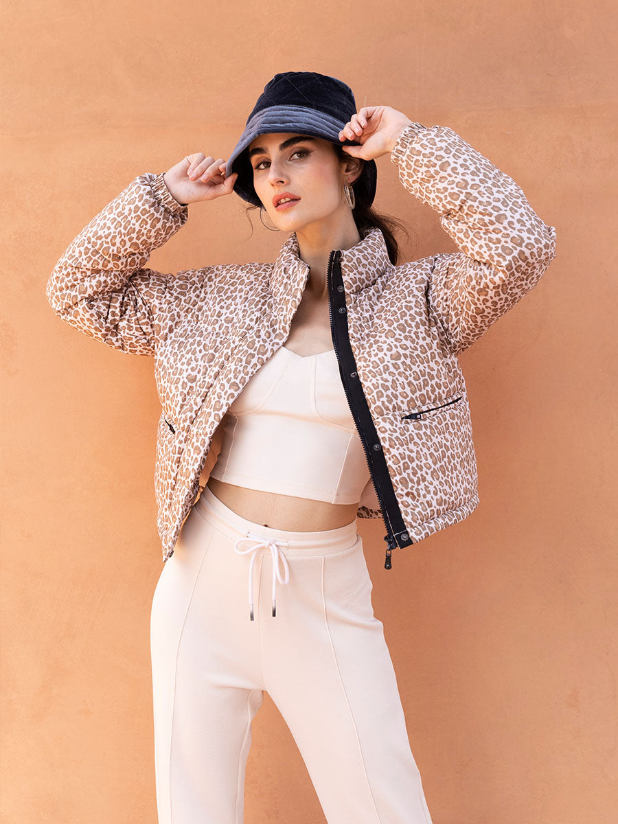 Madame Leopard Print Beige Puffer Jacket