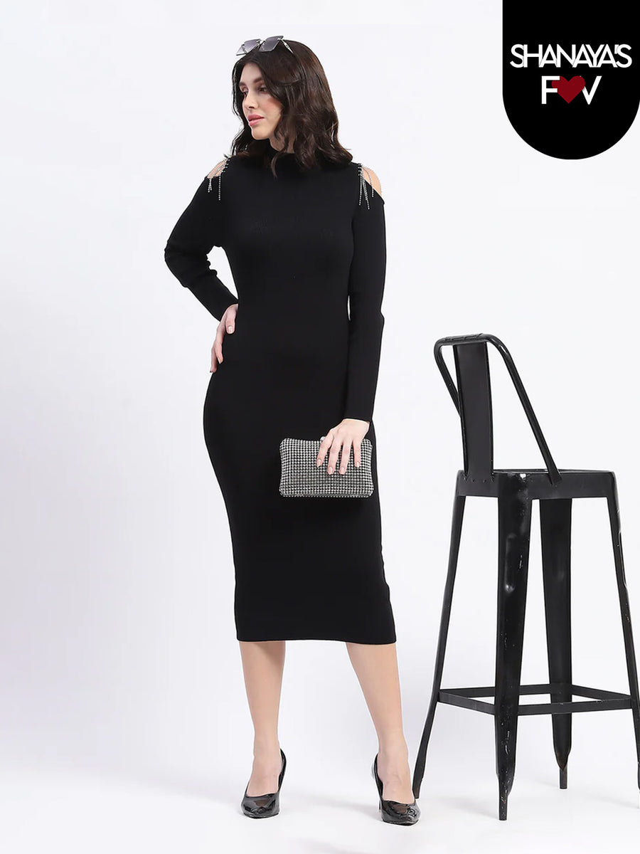 Madame Rhinestone Embellished Cold Shoulder Black Midi Dress