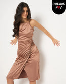 Madame Pleated Satin Light Brown Midi Dress