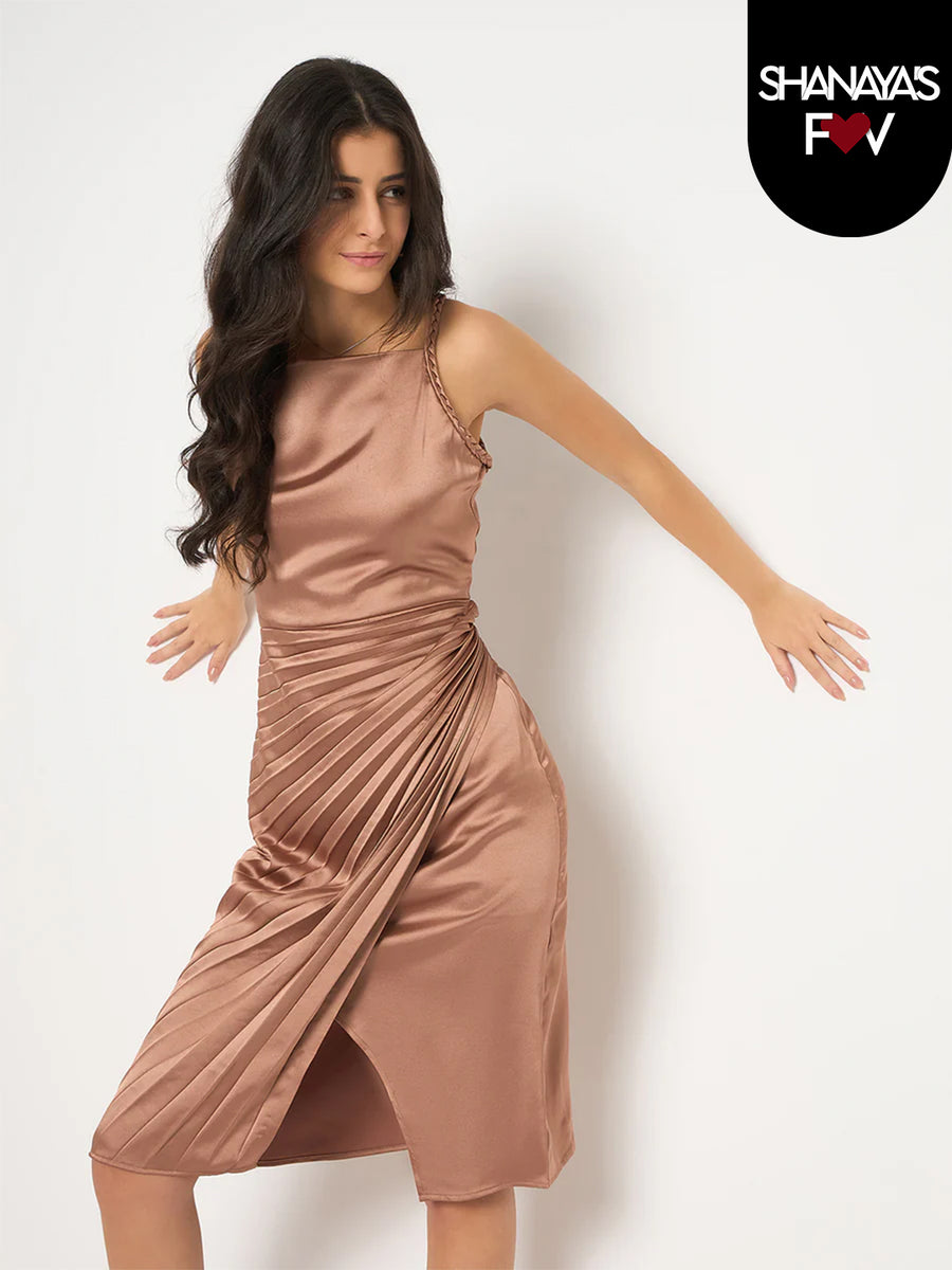 Madame Pleated Satin Light Brown Midi Dress