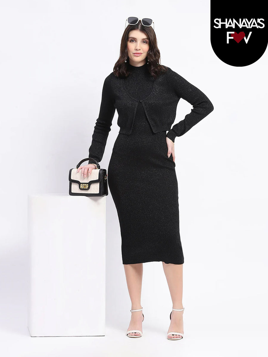 Madame Black Round Neck Dress and Shrug Ensemble