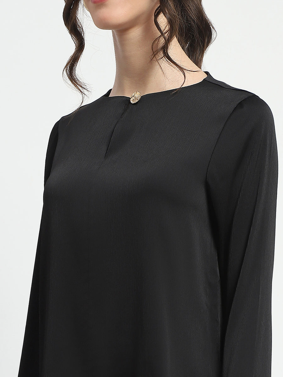 Madame Solid Black Ruffle Sleeve Satin Top