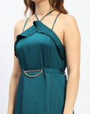 Madame Halter Neck Metal Accented Belt Teal Maxi Dress