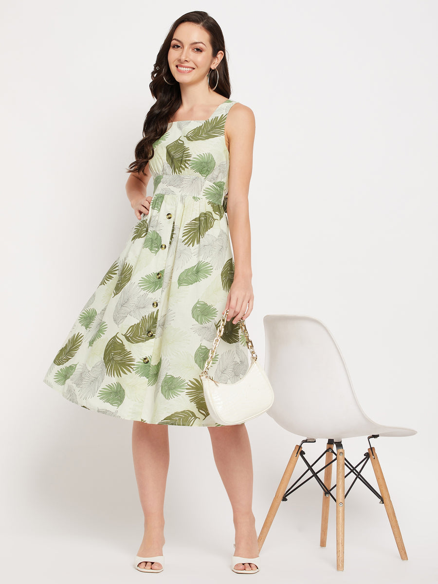 Madame Green Printed Fit & Flare  Dress