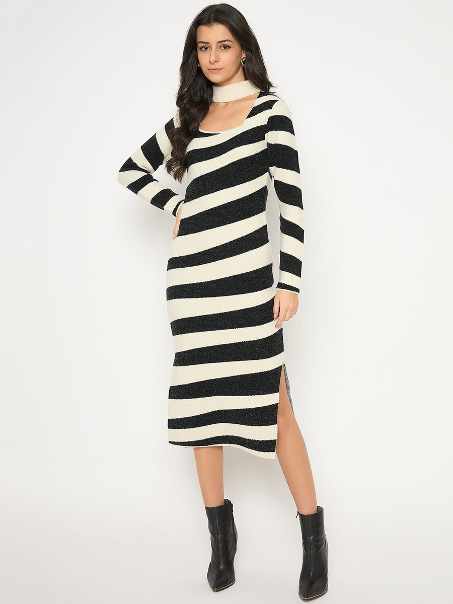 Madame Zebra Striped Dress with Geometric Print Black Ensemble