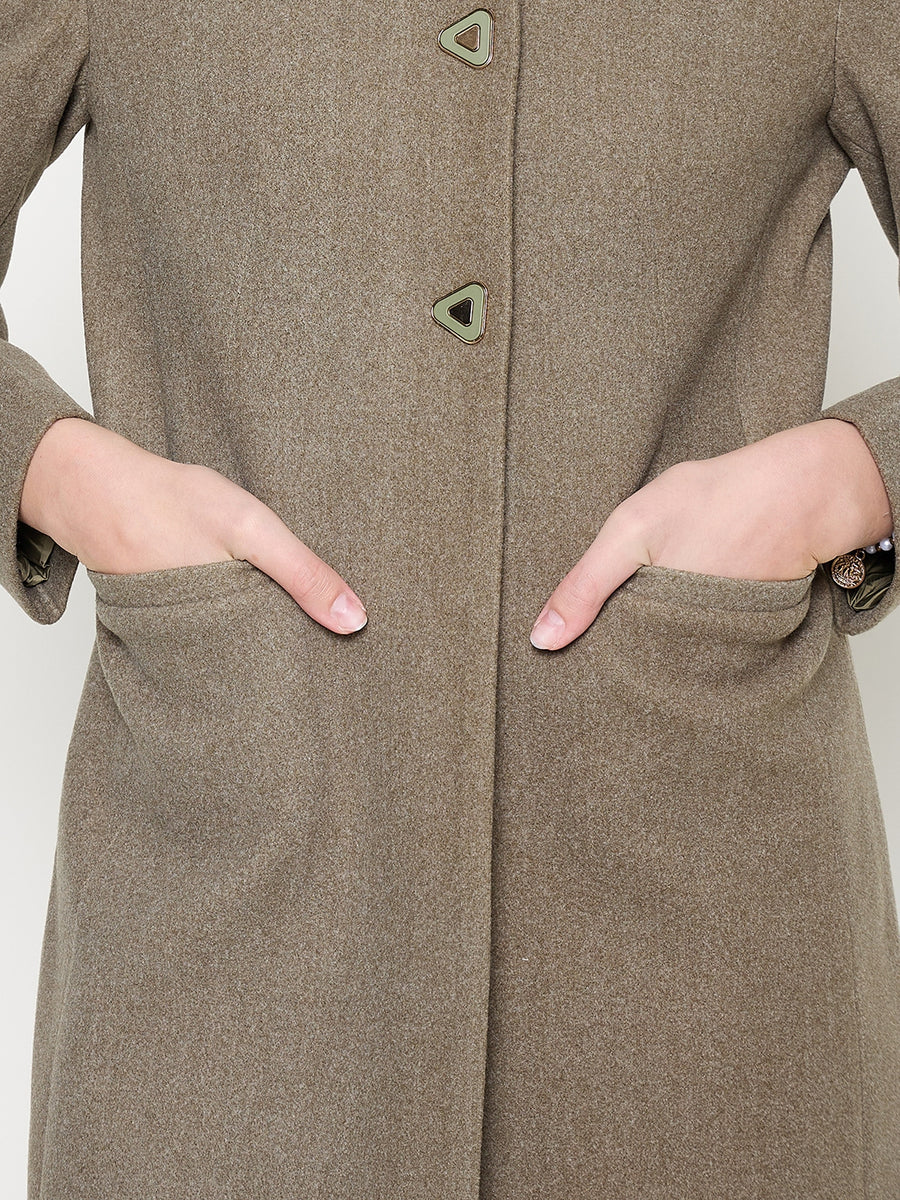 Madame Mélange Button Detailed T Neck Olive Long Coat