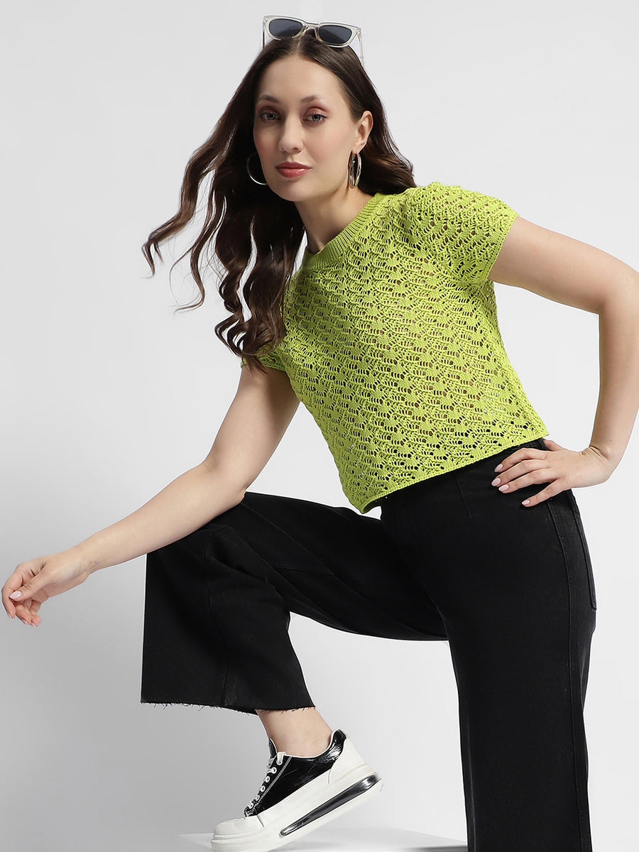 Madame Neon Green Round Neck Knitted Top