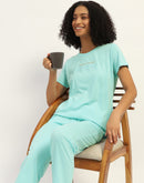 mSECRET Printed Aqua Cotton Blend Nightsuit Set