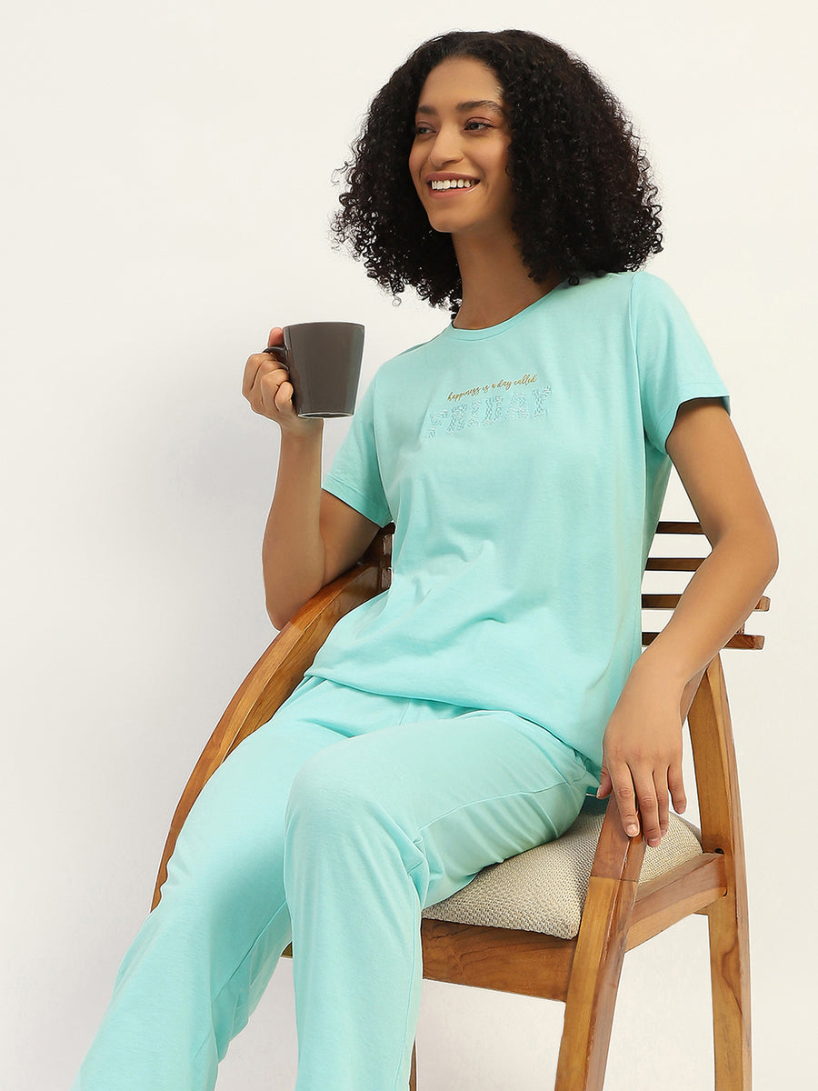 mSECRET Printed Aqua Cotton Blend Nightsuit Set