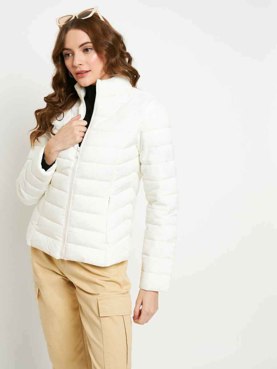 Madame Solid Off-White Quilted Jacket