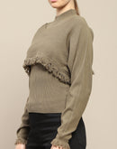 Madame Front Ripped Full Sleeve Olive Sweater