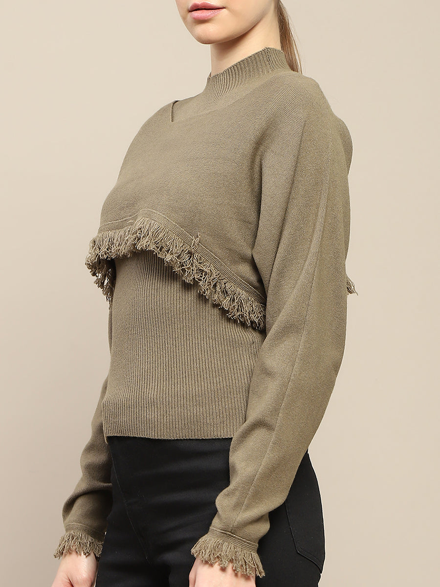 Madame Front Ripped Full Sleeve Olive Sweater