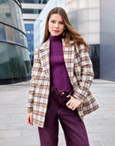 Madame Plaid Lapel Collared Welt Pocketed Beige Coat