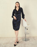 Madame Abstract Print Surplice Neck Black Midi Dress