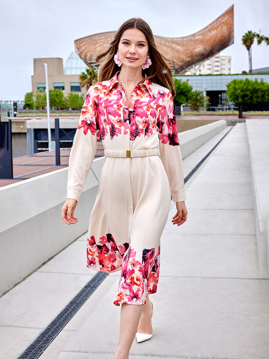 Madame Floral Printed Button Down Shirt A Line Dress