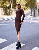 Madame Twisted Detailing Ribbed Bodycon Brown Dress