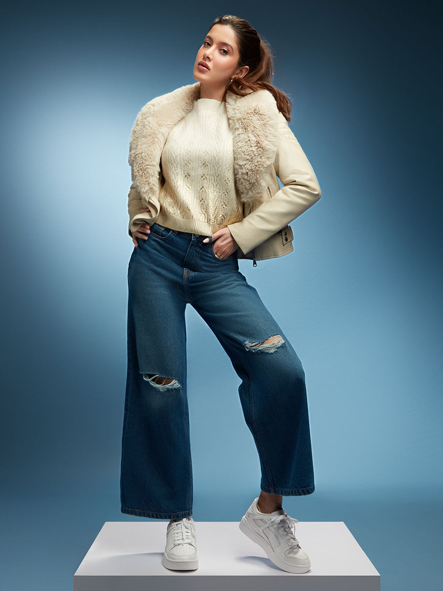 Madame Shanaya Kapoor High-Waisted Flared Ripped Mid Blue Jeans