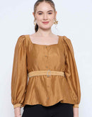 Madame Golden Rayon Blend Square Neck Belted Button Front Top