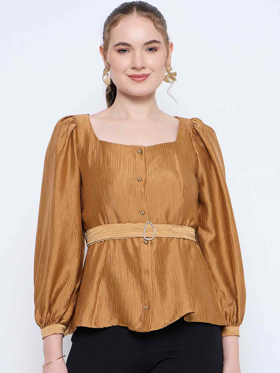 Madame Golden Rayon Blend Square Neck Belted Button Front Top