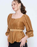 Madame Golden Rayon Blend Square Neck Belted Button Front Top