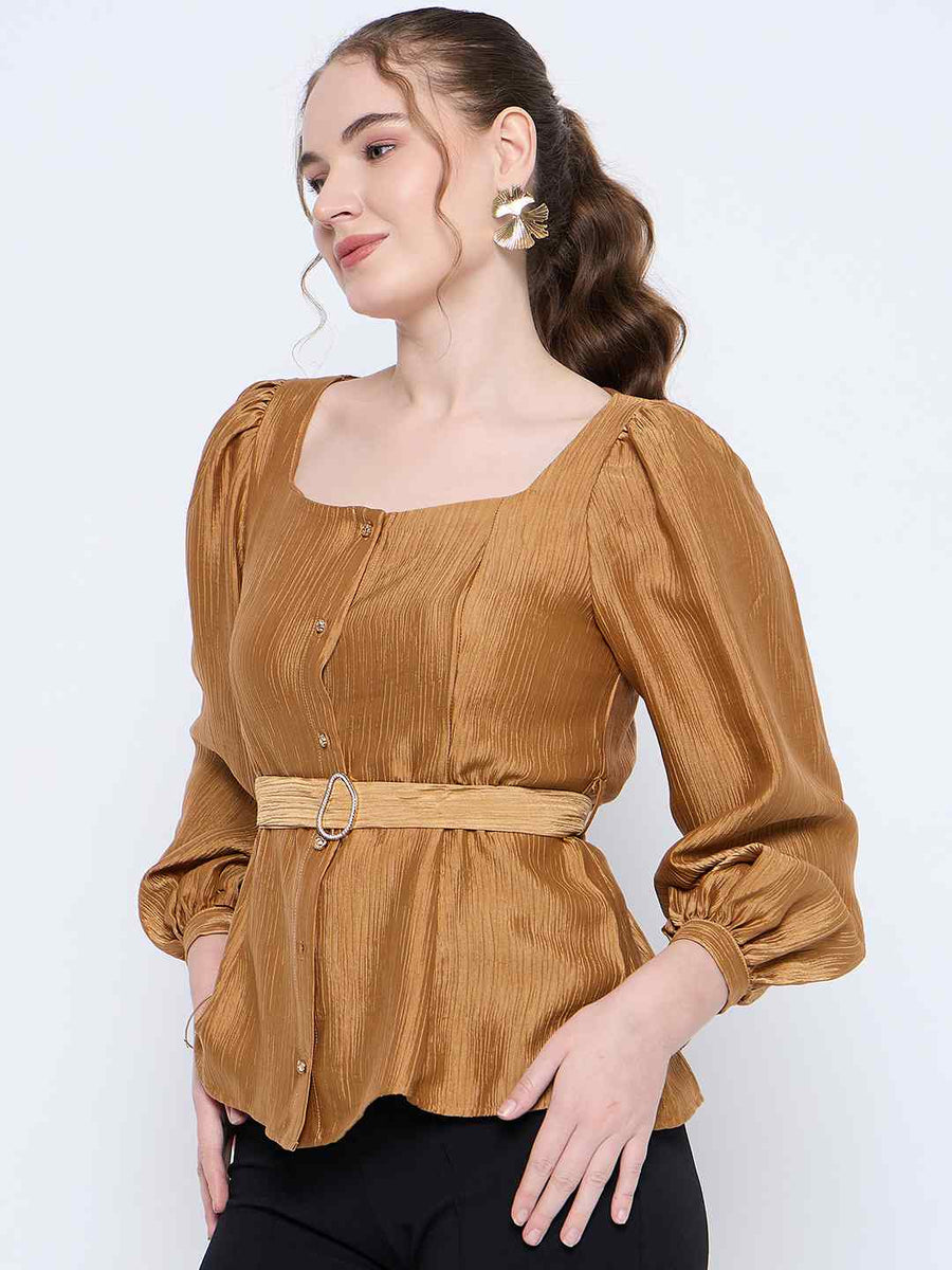 Madame Golden Rayon Blend Square Neck Belted Button Front Top