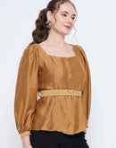 Madame Golden Rayon Blend Square Neck Belted Button Front Top