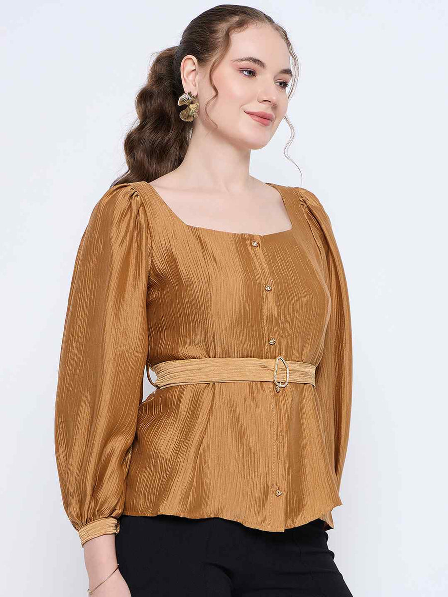 Madame Golden Rayon Blend Square Neck Belted Button Front Top