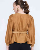 Madame Golden Rayon Blend Square Neck Belted Button Front Top